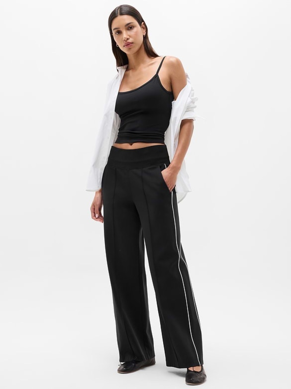 Athleta Venice High Rise Track Stripe Wide Leg Pant Black size Small Petite